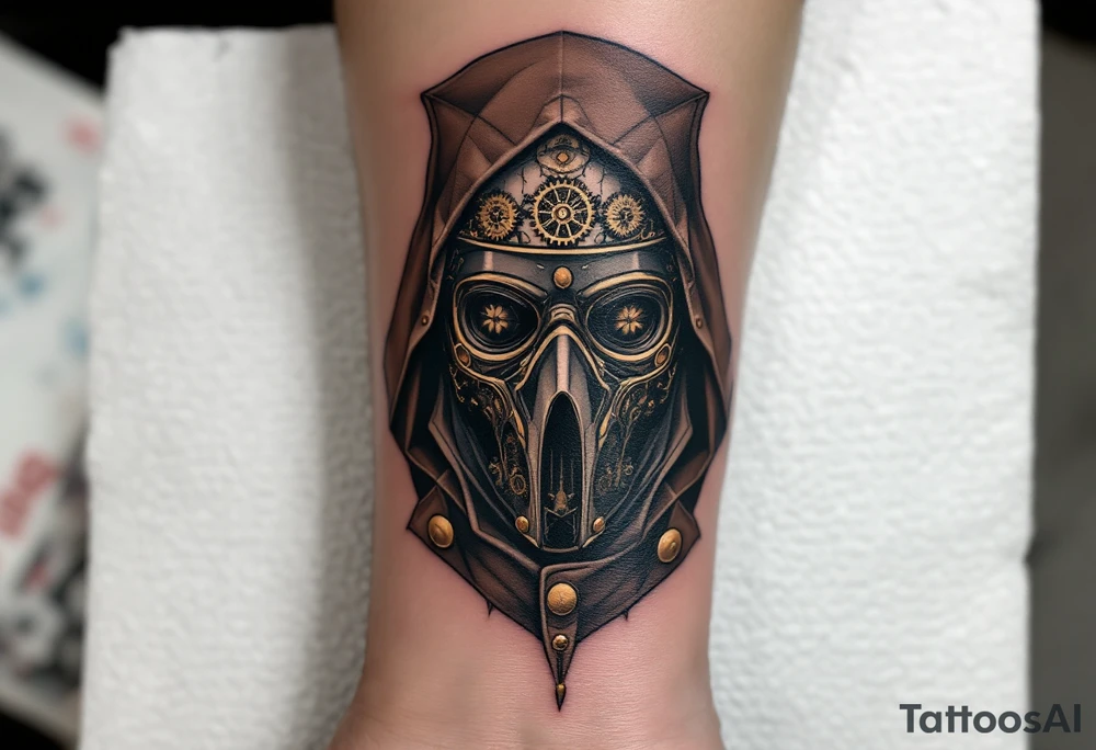 Steampunk Plague Doctor – A mechanical doctor with gears and cogs embedded into the tipical plague doctor mask. The leather mask is dark brown with copper rivets, and the robe has brass buttons and clockwork detailing. tattoo idea