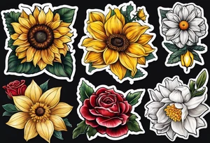 Sunflower daffodil, daisy, rose, Adler, chrysanthemum, holly Birth flower tattoo idea