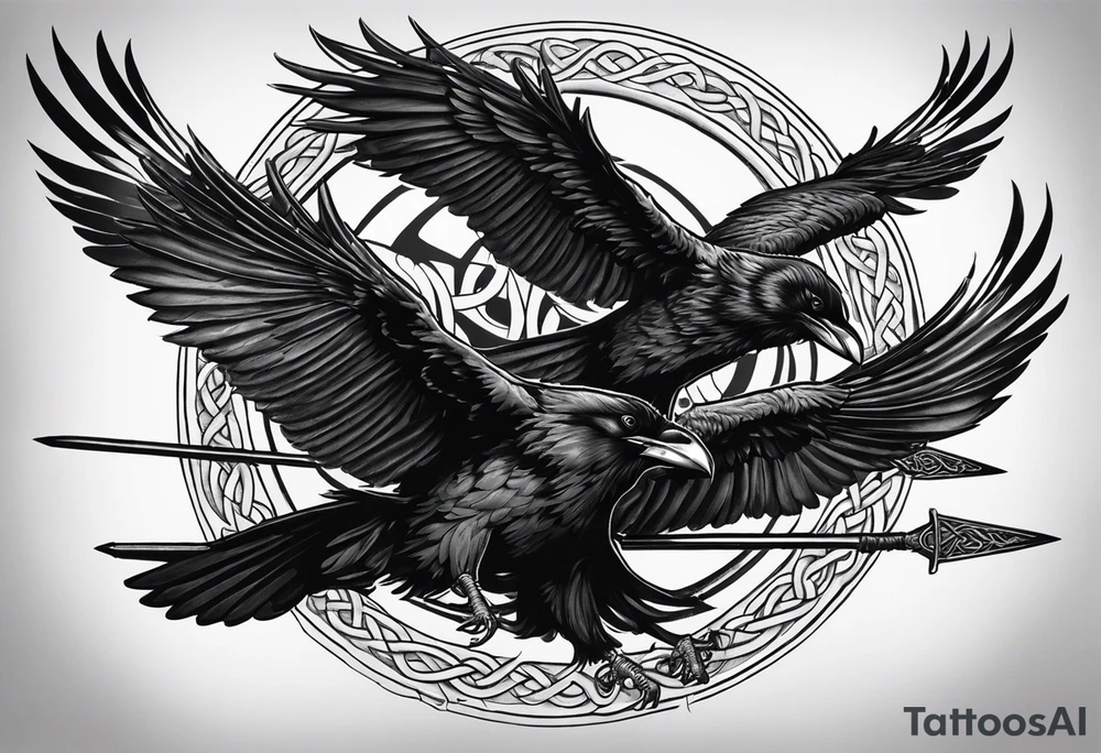 3 ravens circling a dead body with 3 spears stuck in it. One spear has a banner with celtic erit8ng on it tattoo idea