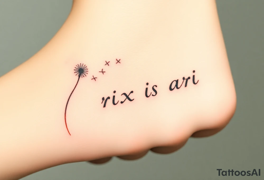 This image features a delicate dandelion tattoo on a person’s skin, with fine lines and soft shading. The dandelion’s stem extends from the bottom left corner, leading to the detailed flower head, which appears to be dispersing its seeds. The seeds are shown floating away in a natural, wind-swept motion, symbolizing freedom, change, and new beginnings.

The tattoo has a subtle watercolor effect with a gentle pinkish hue around the base of the dandelion, adding depth and softness to the design. The fine-line work gives it a refined and elegant look. The placement on the body makes it a visually appealing and meaningful piece.  Rix Rys Ari realistic drawing tattoo idea