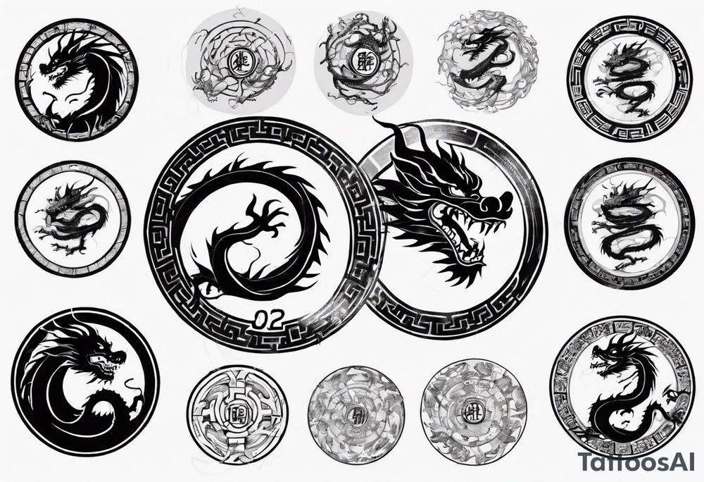Chinese dragon in a circular shape with "02.03" written on its skin tattoo idea