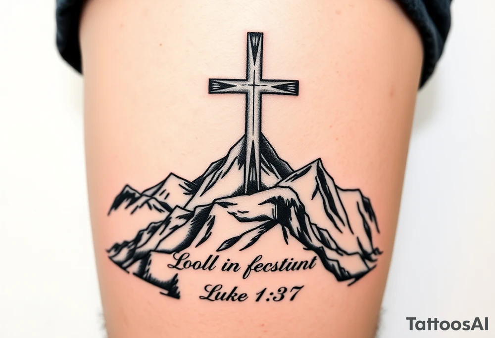 Three catholic crosses on Mountain. With verse Luke 1:37 below it. Put a lot of detail. More detail tattoo idea