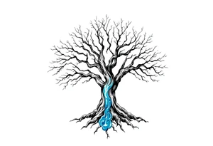 Black and white deciduos Tree with roots. Blue water inside the whole tree like many thin veins, flows from the brunches to the roots tattoo idea