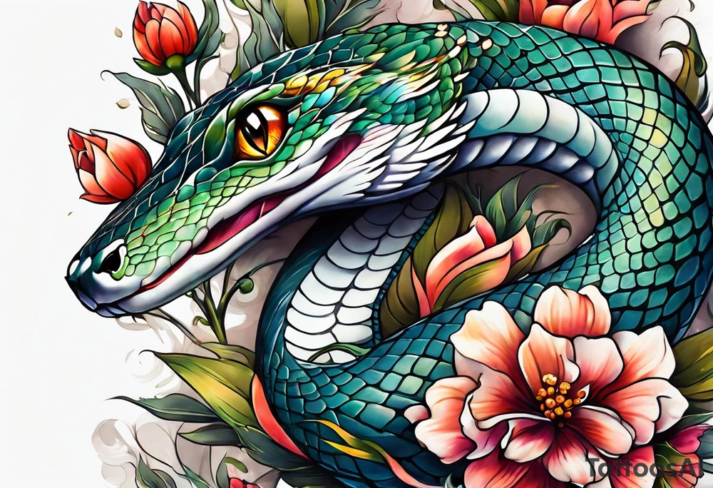 snake and flowers, spine tattoo cover up tattoo idea