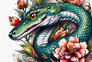 snake and flowers, spine tattoo cover up tattoo idea