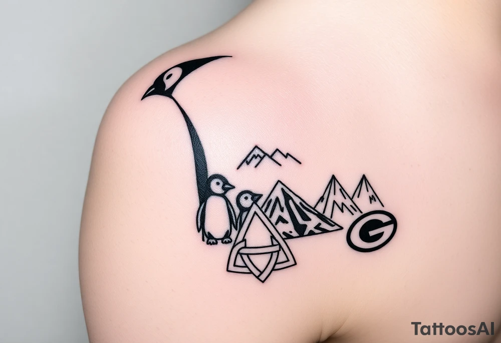 compilation outlining important things in my life such as one adult emperor penguin and 3 baby penguins, celtic trinity knot, mountains/nature, the green bay packers, and something to represent my 3 boys tattoo idea