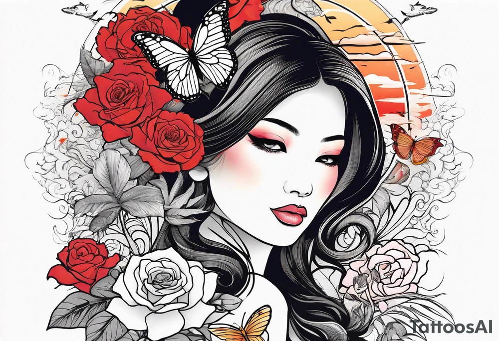 Sunset, palm trees, woman face, butterflies, rose, dragonflies tattoo idea