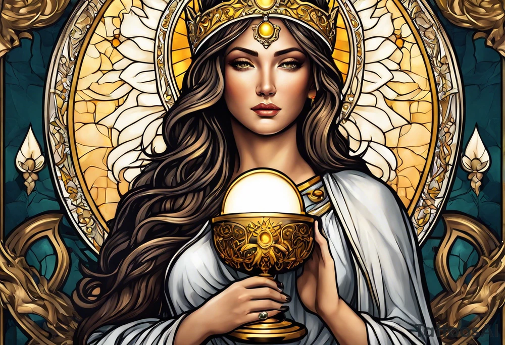 holy saint woman with golden halo holding a chalice tattoo idea