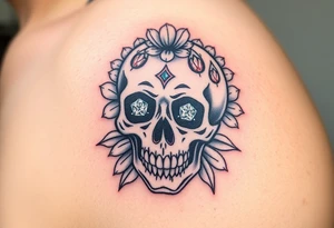 Masculine sugar skull with diamond gemstone eyes and daisy around the skull tattoo idea