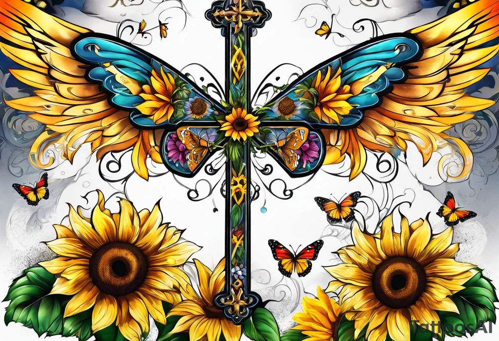 Winged cross with sunflower and butterflies tattoo idea