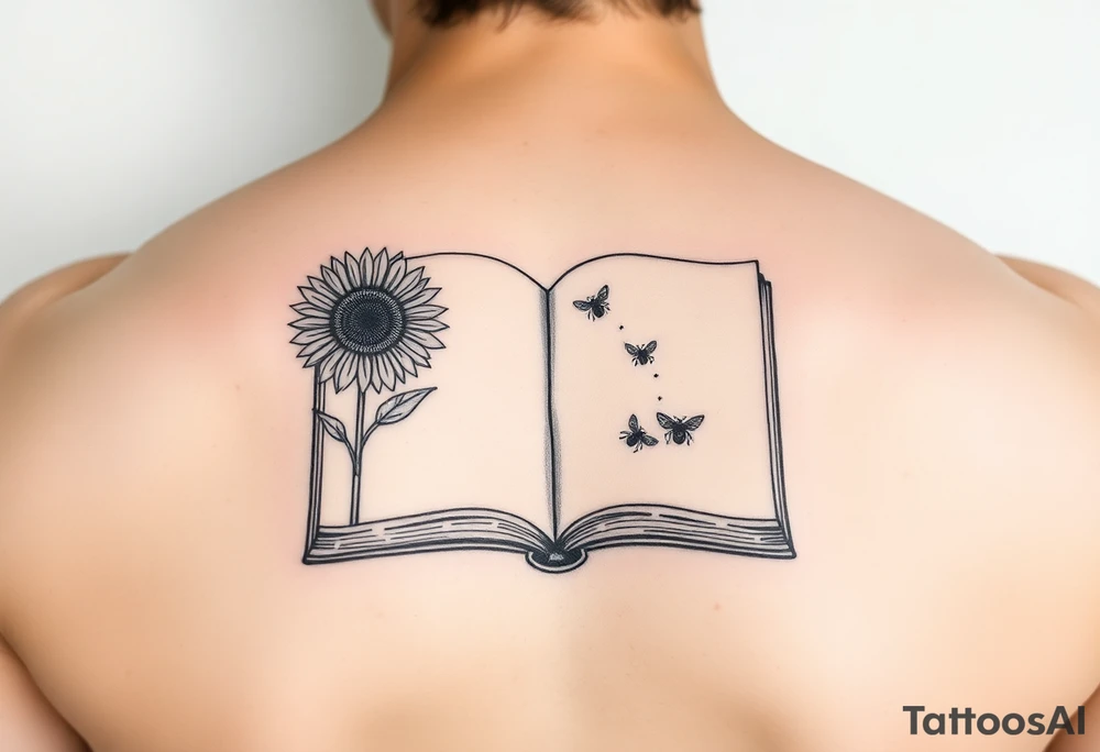 An open book with a sunflower and bees as one page tattoo idea