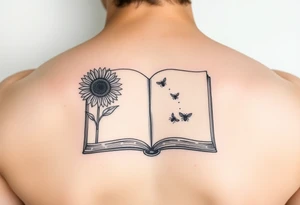 An open book with a sunflower and bees as one page tattoo idea