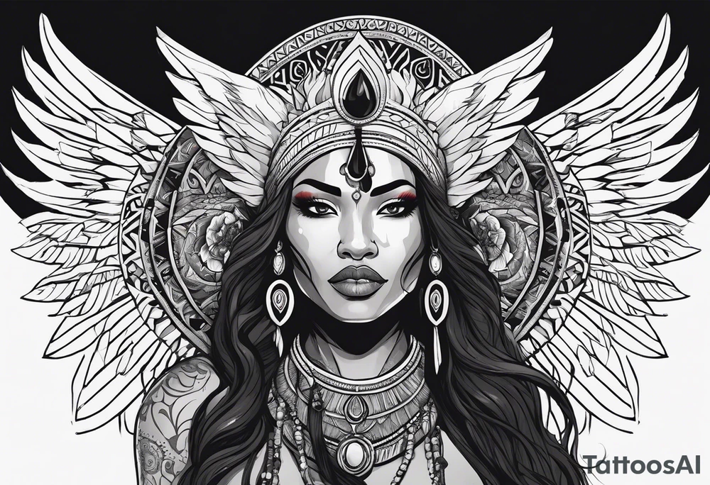 valkrye, kali, pirate, african goddess, , warrior, native american, lotus, zenza resonance, skulls, pachamama, left side face, chest, wing, tattoo idea