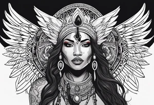 valkrye, kali, pirate, african goddess, , warrior, native american, lotus, zenza resonance, skulls, pachamama, left side face, chest, wing, tattoo idea