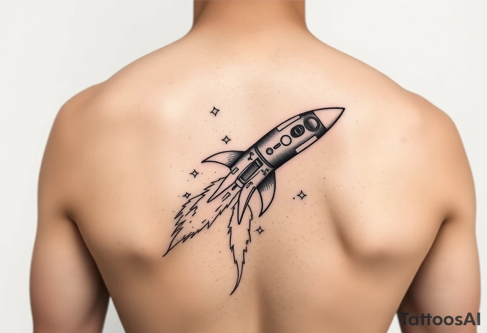 Rocket ship with sparks coming out of the back tattoo idea