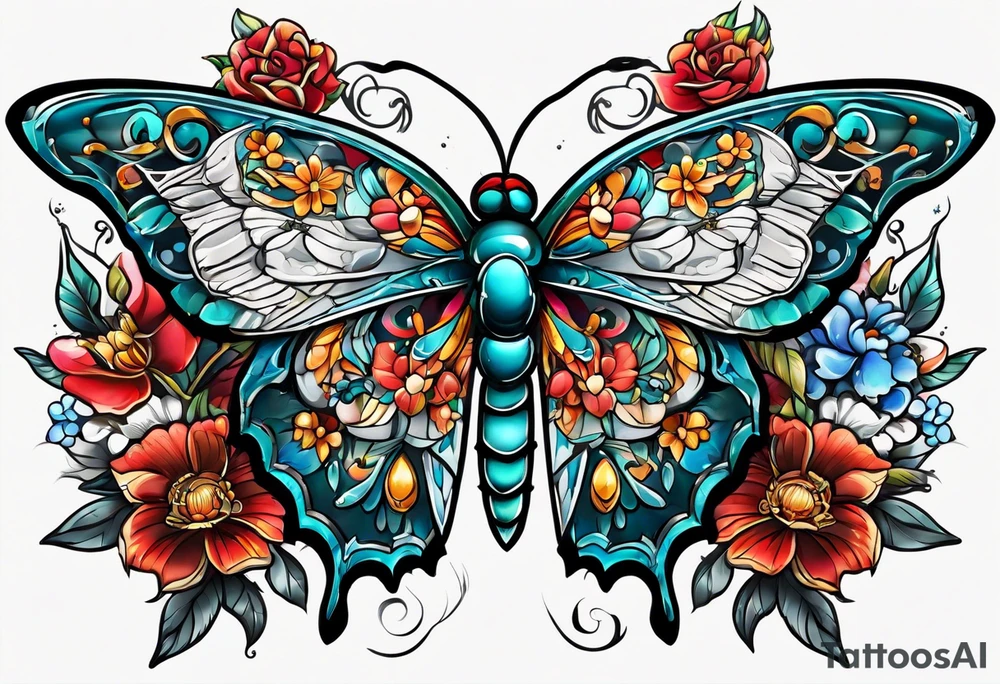 Flower chest piece, 
crystals, moth tattoo idea