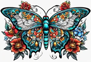Flower chest piece, 
crystals, moth tattoo idea
