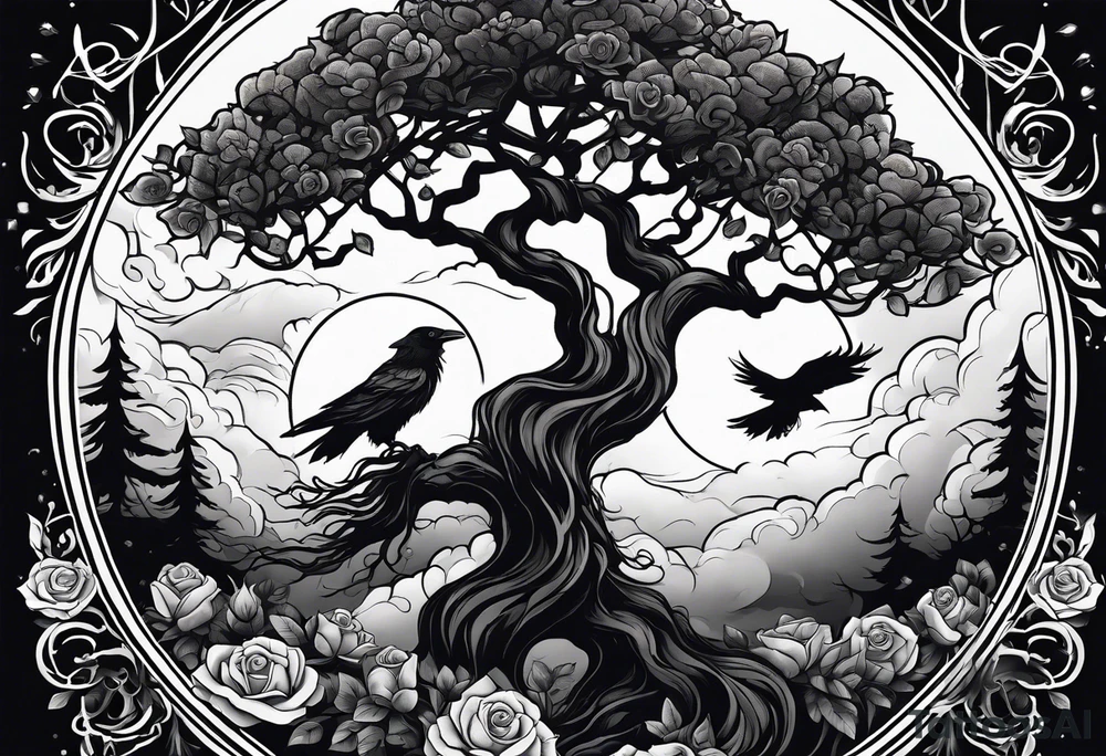 A lightening stormy night with a tree of life, a rose garden, and a raven in the sky tattoo idea