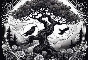 A lightening stormy night with a tree of life, a rose garden, and a raven in the sky tattoo idea