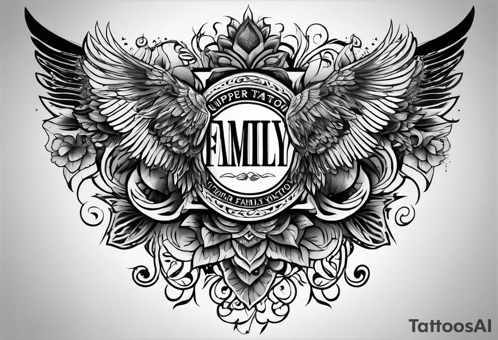 upper back tattoo from shoulder to shoulder with the word FAMILY tattoo idea