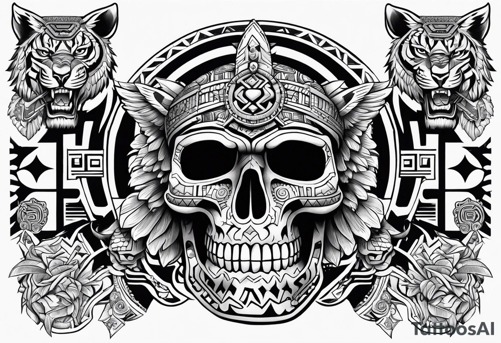 Aztec skull with eagle, tiger and Aztec symbols signifying resilience tattoo idea