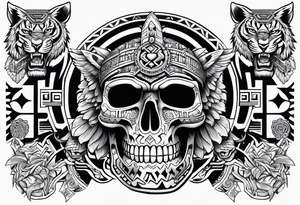 Aztec skull with eagle, tiger and Aztec symbols signifying resilience tattoo idea