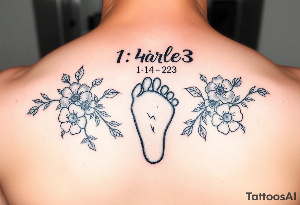Baby footprint with the name Charles above it and the date 1- 14-23 below it surrounded by floral Vines tattoo idea