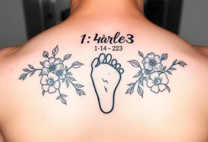 Baby footprint with the name Charles above it and the date 1- 14-23 below it surrounded by floral Vines tattoo idea