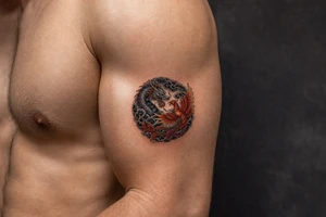 Japanese dragon and phoenix battling amidst dark storm clouds. tattoo idea