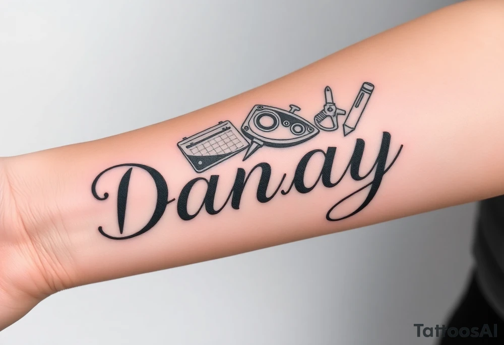the name Danay, with a background other cool stuff that fills up the whole forearm tattoo idea