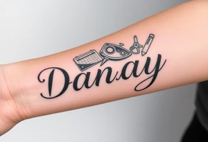 the name Danay, with a background other cool stuff that fills up the whole forearm tattoo idea