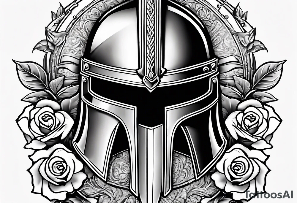 A miniature image of a Spartan helmet and a medieval sword with a rose. tattoo idea