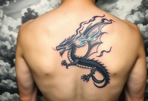fierce dragon breathing iridescent fire against stormy skies tattoo idea