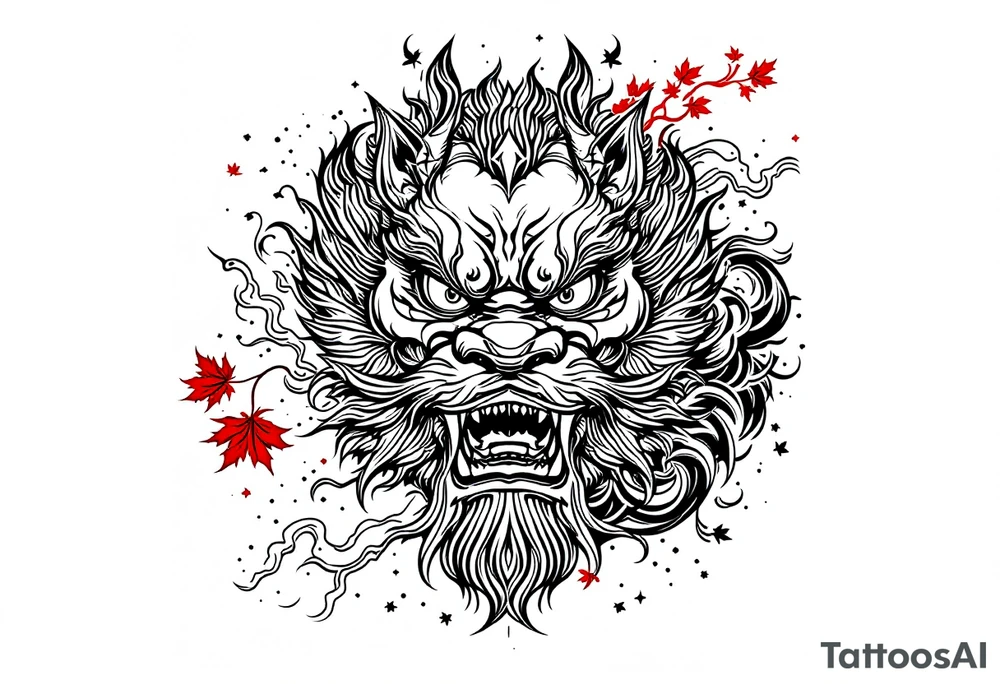 mythical Foo Dog (Half dog, half lion)  with wind and red maple leaf ornament tattoo idea