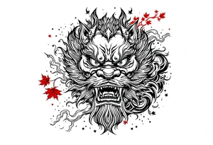 mythical Foo Dog (Half dog, half lion)  with wind and red maple leaf ornament tattoo idea