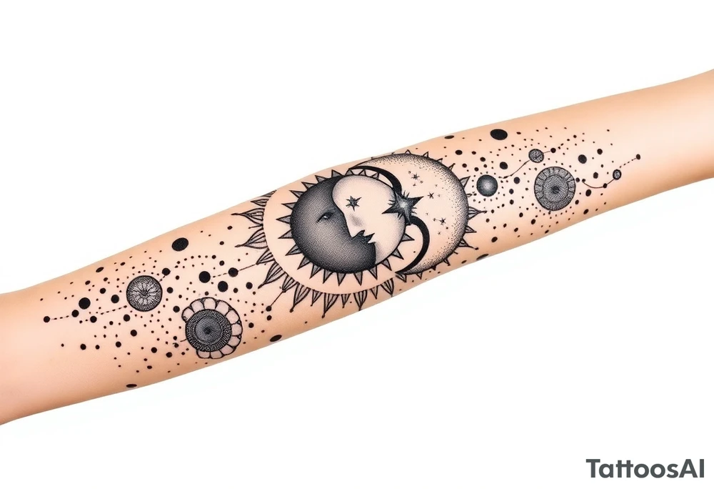 celestial sun and moon embrace with constellation patterns tattoo idea