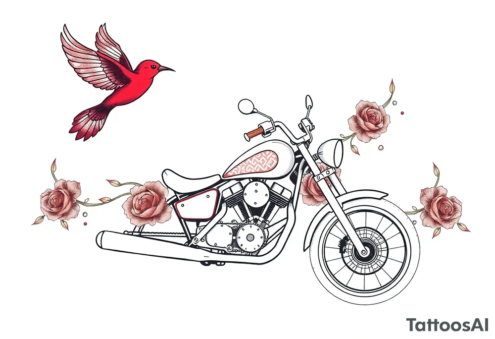 Motorcycle, red bird flying, roses and lace, flames tattoo idea