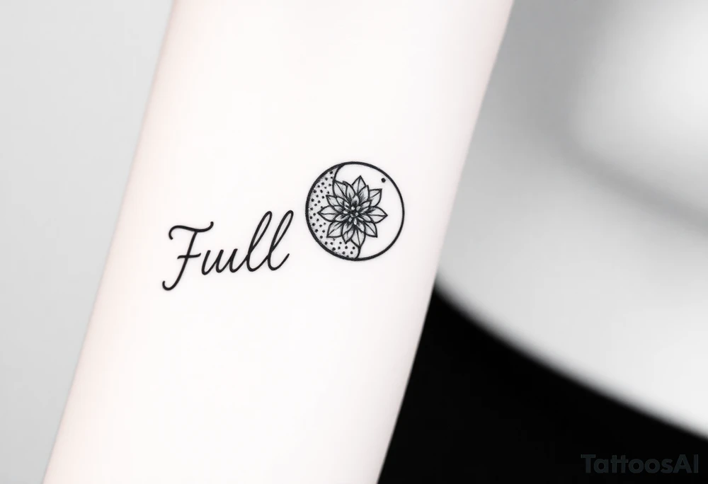 Small black and white tattoo full moon with small chrysanthemum and tiny scorpio gliph inside moon tattoo idea