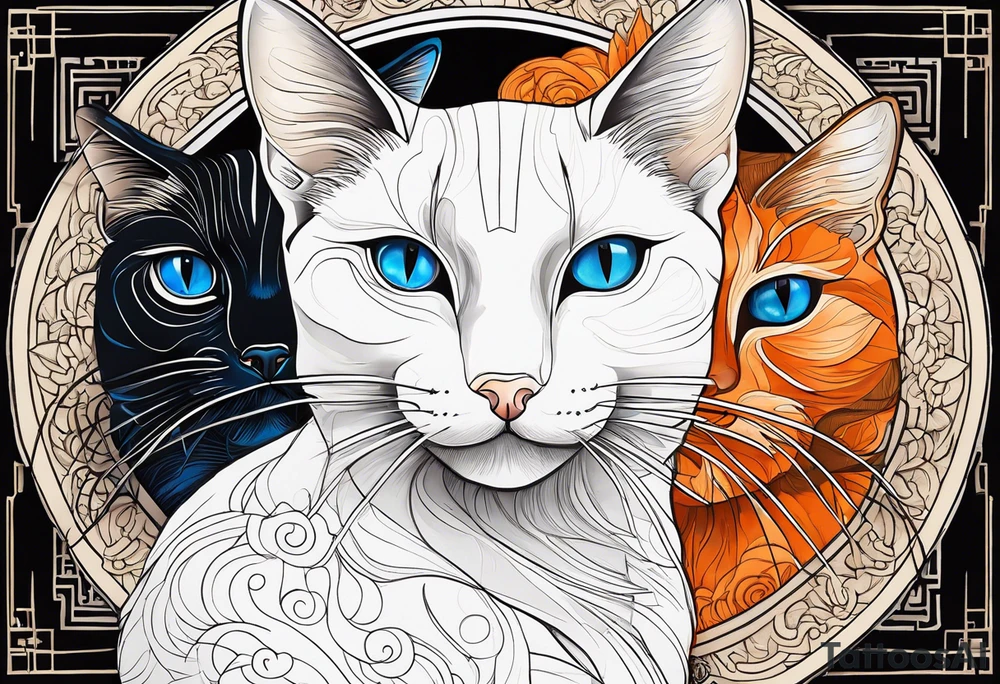 A white cat with blue eyes and black cat with brown eyes and an orange and white cat with browneyes tattoo idea