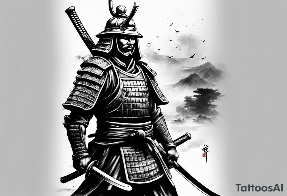 A samurai standing alone in battlefield tattoo idea