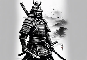 A samurai standing alone in battlefield tattoo idea