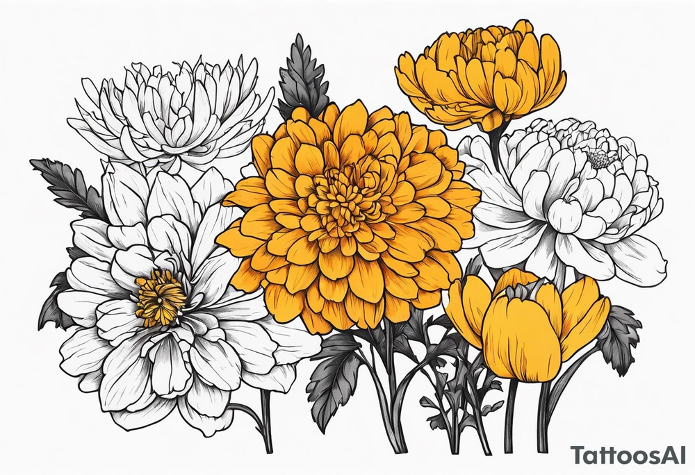 A stemless marigold, chrysanthemum, and
narcissus tattoo idea A stemless marigold, chrysanthemum, and
narcissus tattoo idea