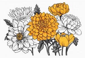 A stemless marigold, chrysanthemum, and 
narcissus tattoo idea