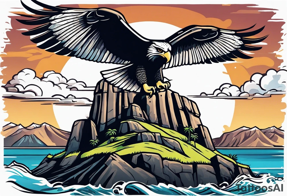 Upper arm piece of Easter island maoi on an island landscape and hawk circling above tattoo idea