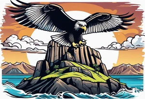 Upper arm piece of Easter island maoi on an island landscape and hawk circling above tattoo idea