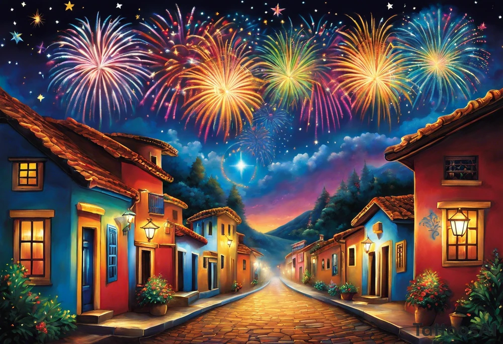 Fireworks burst across the night sky, surrounded by glowing candles and stars, capturing the magic and nostalgia of Colombian December nights. The scene is vibrant with multi-colored lights and an air of celebration. Soft linework mist or halos around the fireworks adds a magical, dreamy quality to the scene. The tattoo reflects joy and tradition, with an emphasis on warmth and festivity. tattoo idea