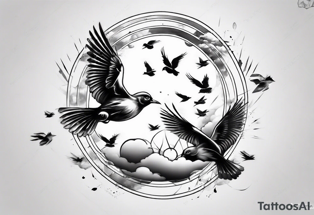 shoulder tattoo with light rays with birds flying free among the clouds, round shape, 3d effect tattoo idea shoulder tattoo with light rays with birds flying free among the clouds, round shape, 3d effect tattoo idea