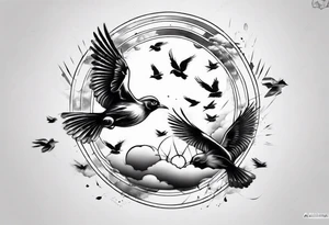 shoulder tattoo with light rays with birds flying free among the clouds, round shape, 3d effect tattoo idea