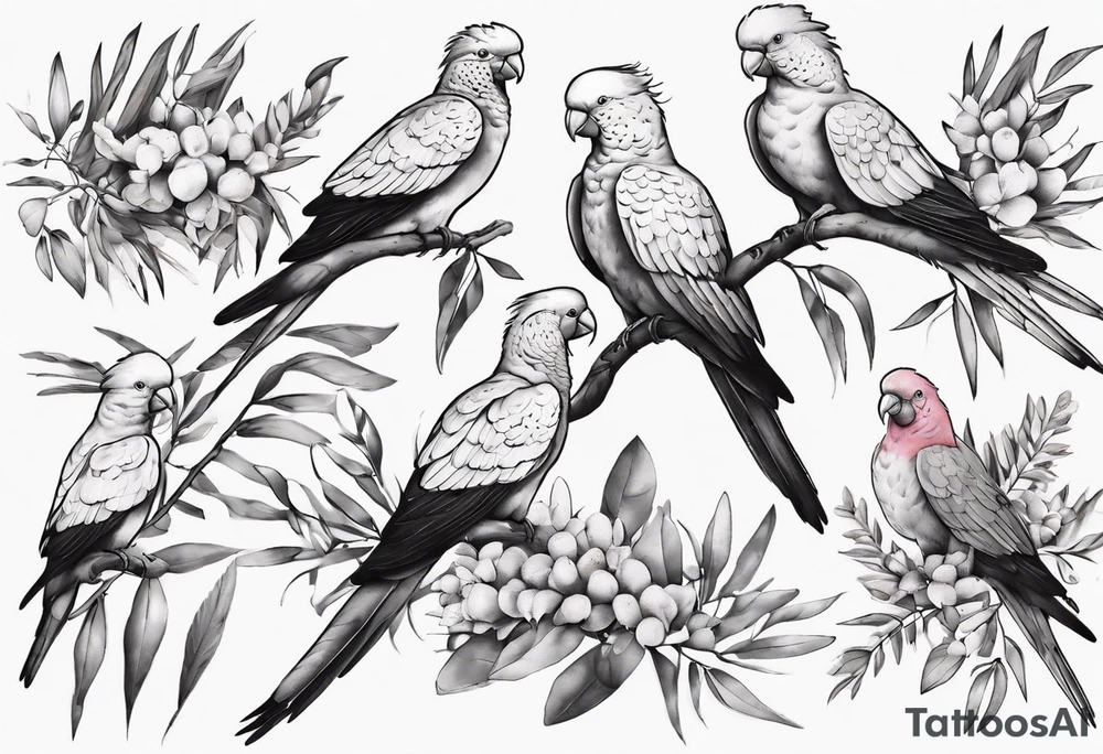 Galahs sitting on wattle and eucalyptus leaves tattoo idea