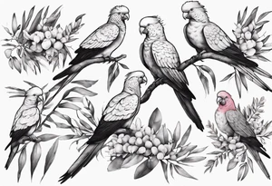Galahs sitting on wattle and eucalyptus leaves tattoo idea